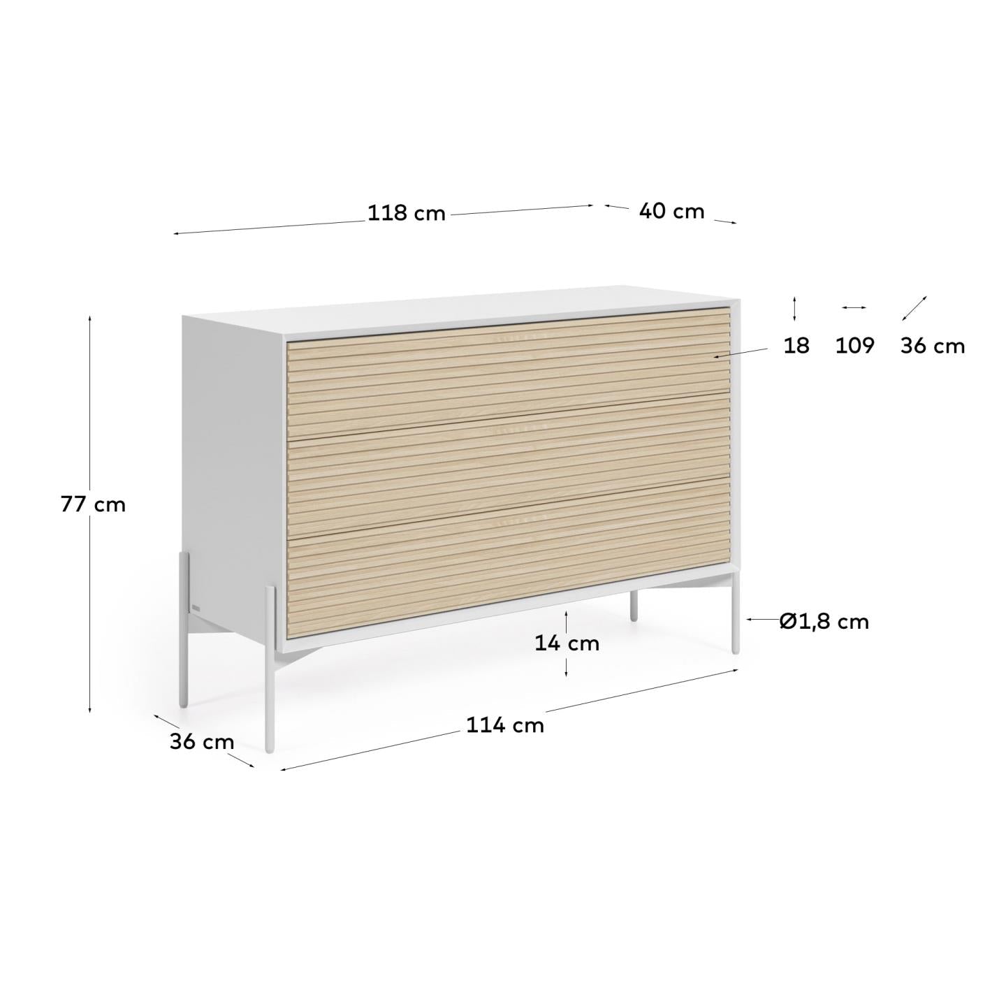 Kave Home Marielle Kommode mit 3 Schubladen aus Eschenfurnier und weiß lackiert 116 x 76 cm Weiß- #CC3014M50