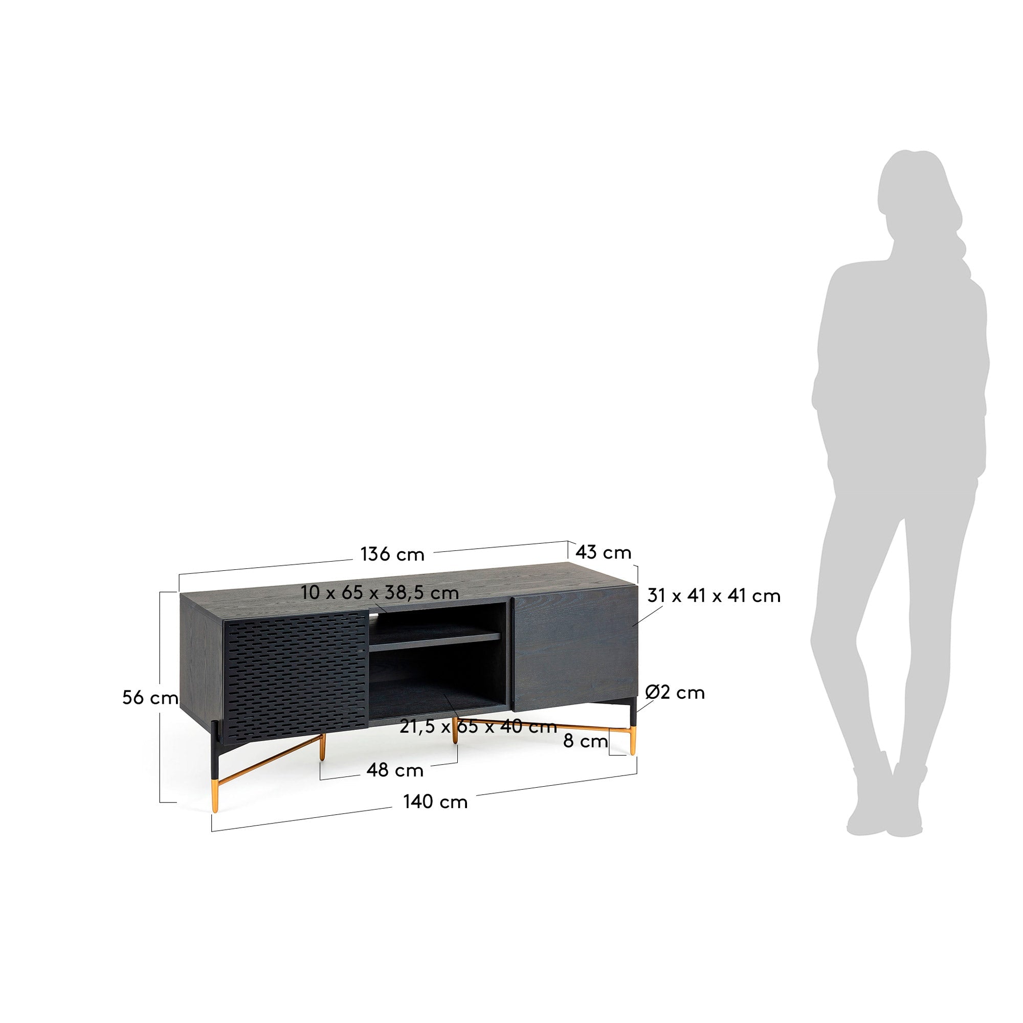 Kave Home Milian TV-Schrank 2 Türen aus Eschenfurnier und Stahl in Schwarz und Gold 141 x 56 cm Schwarz, Natur, Gold- #NR002M01