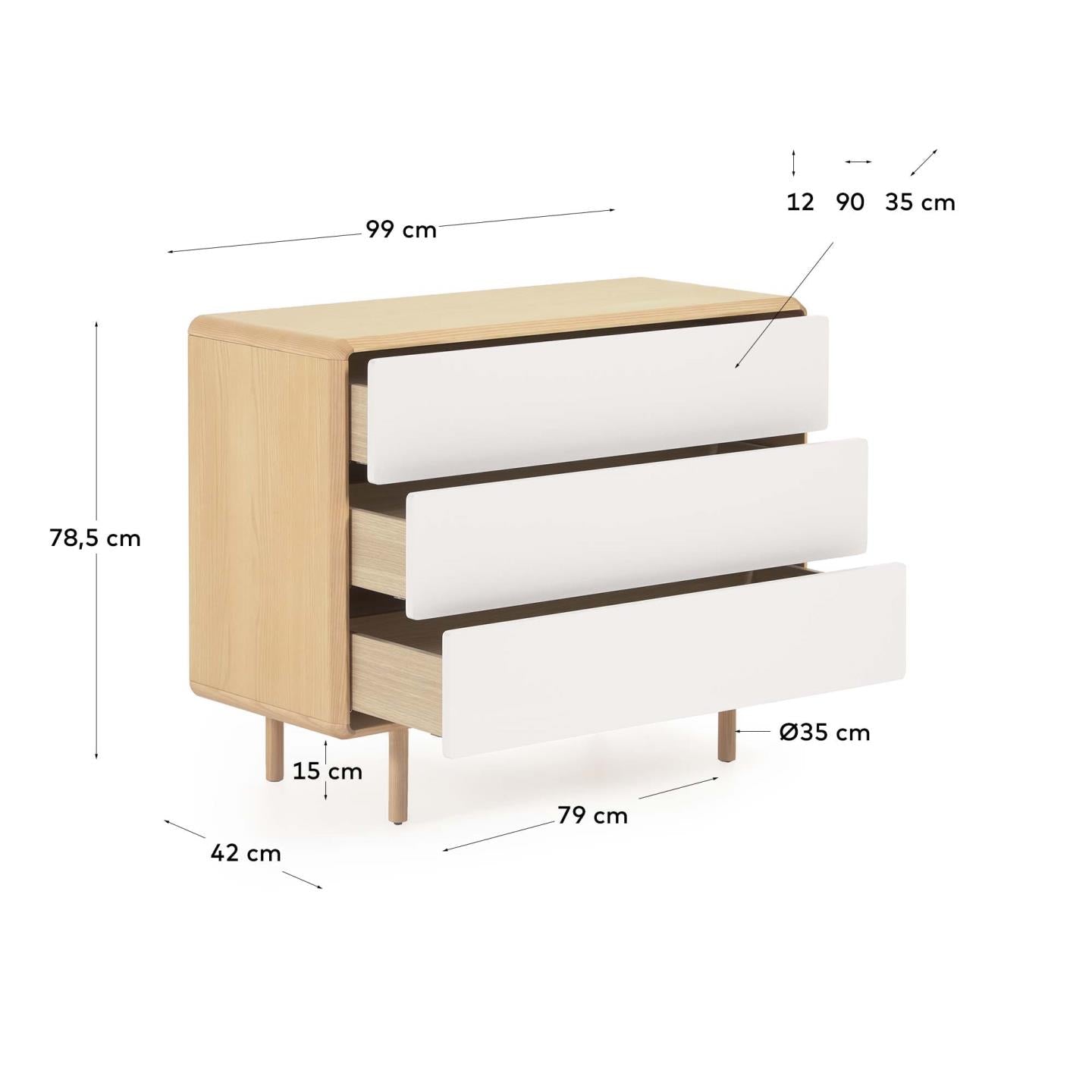 Kave Home Anielle Kommode mit 3 Schubladen aus massiver Esche und Eschenfurnier 99 x 78,5 cm Natur, Grau- #YG0130M46